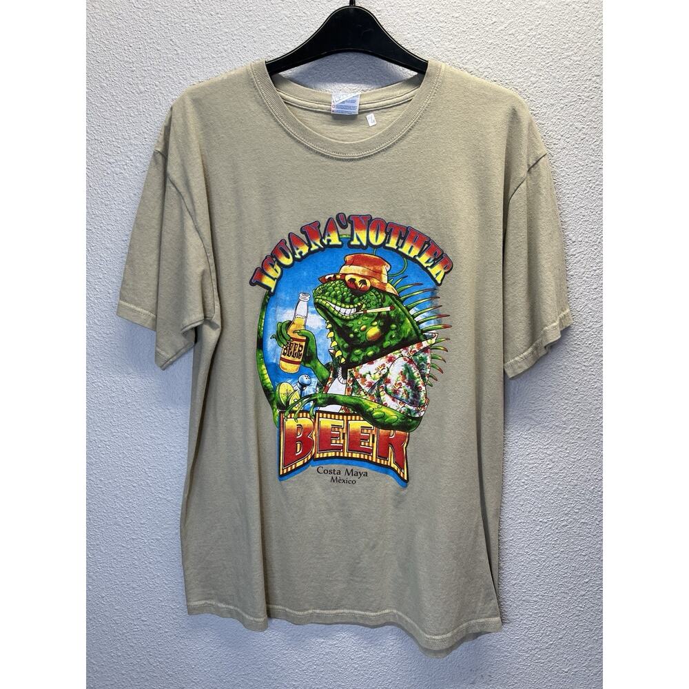 Iguana Another Beer Graphic T-Shirt Costa Maya Mexico Beige Size L